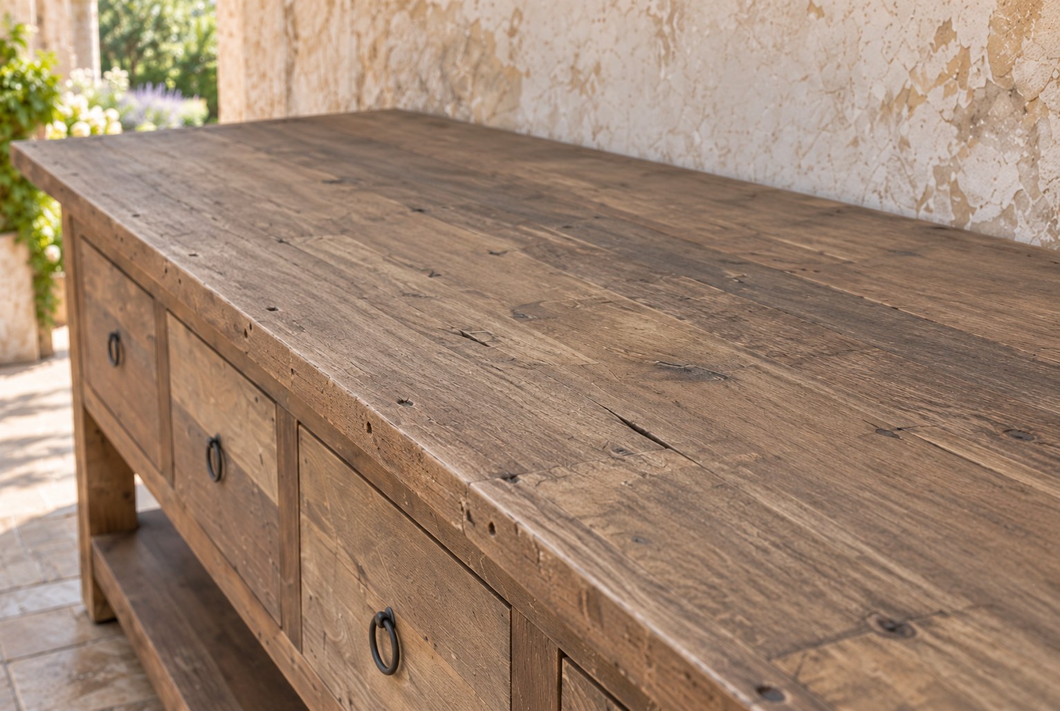 EXOTIC ST 百年循環柚木玄關長桌桌面木紋與歲月痕跡