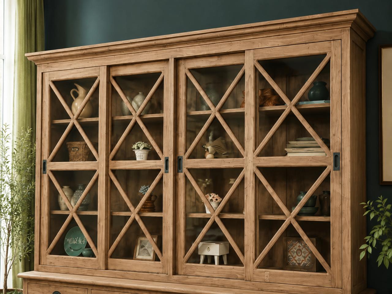 QUEENS HILL 百年柚木書櫃菱格玻璃拉門展示層板