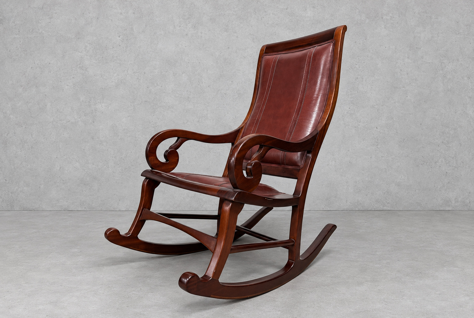 Well Rocking Chair 皮革搖椅 45 度全身，渦卷扶手與弧形搖腳